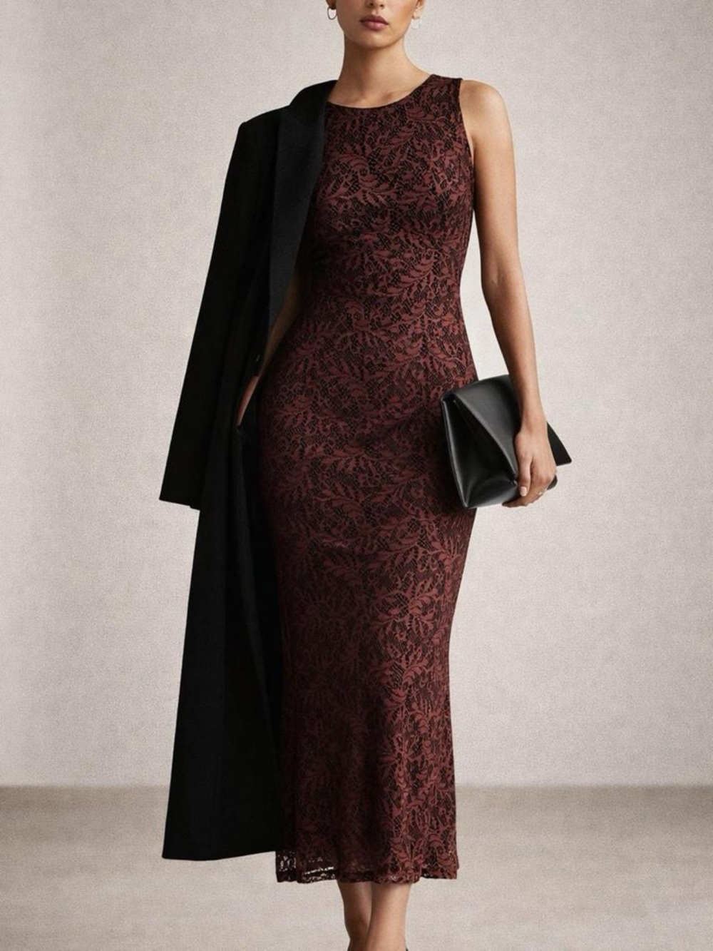 Hana Burgundy Lace Overlay Midi Dress Sleeveless Bodycon Size S